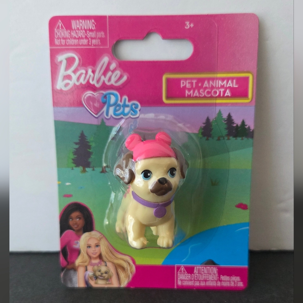New Barbie Pets Tan Pug Miniature Figure Pink Hat Edition